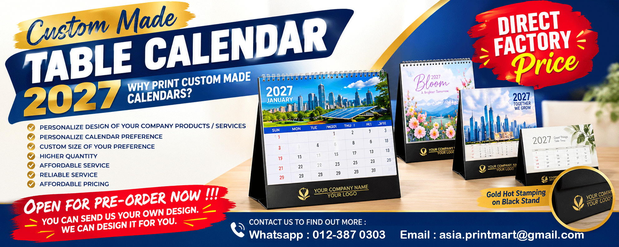 Custom Made Table Calendars 2027, Print 2027 Desk Calendars, Print 2027 Ready Made Table Calendars, cetak Kalendar Meja 2027