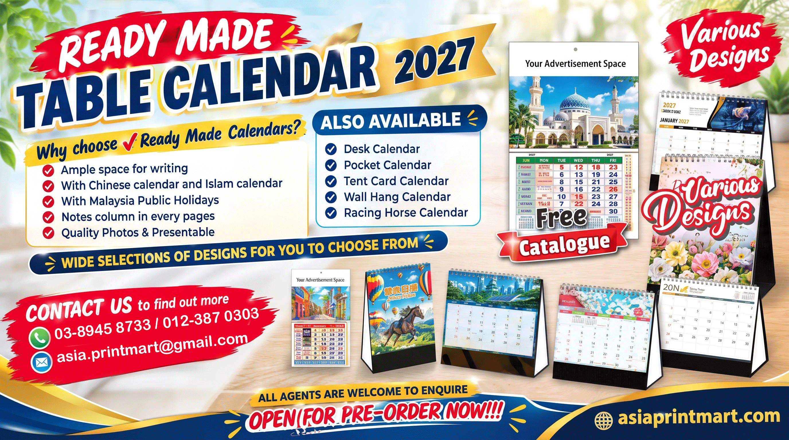 Custom Made Table Calendars 2027, Print 2027 Desk Calendars, Print 2027 Ready Made Table Calendars, cetak Kalendar Meja 2027